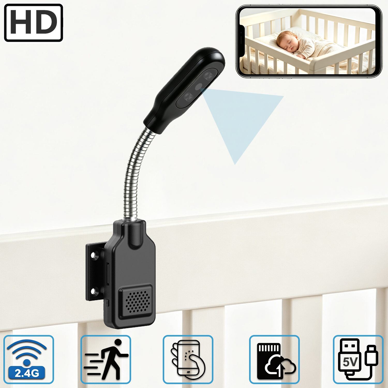 Hidden Camera Clock - Flexible Gooseneck Baby Pet Monitor Camera,
