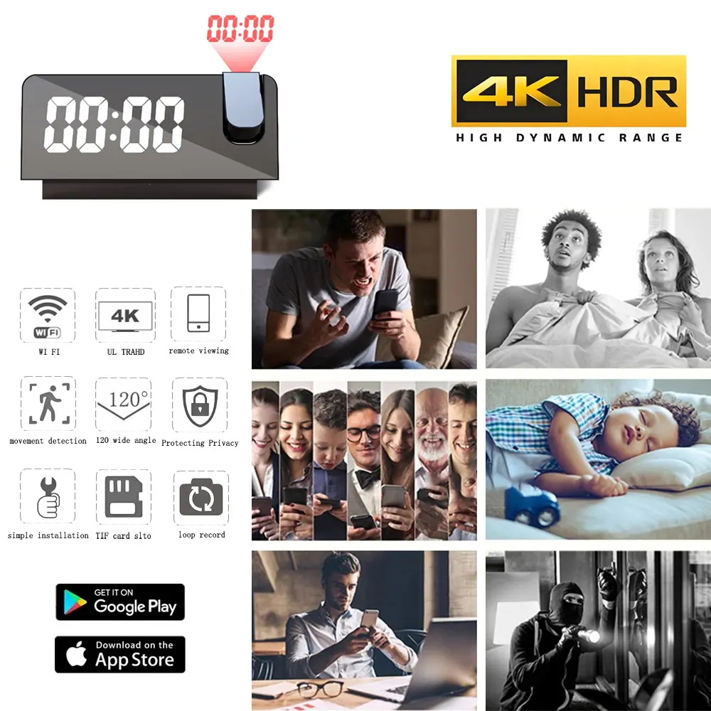 4K HD Projection Alarm Clock C - Hidden Camera Clock 评论和价格